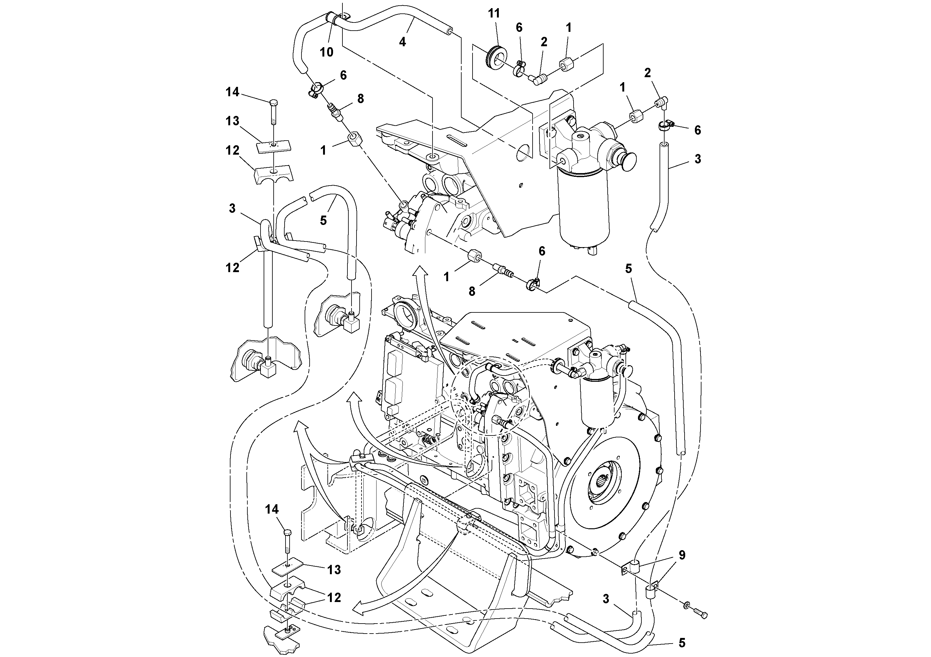 Схема запчастей Volvo SD100D/100F/SD105DX/105F S/N 197389 - - 53738 Fuel Line Installation 