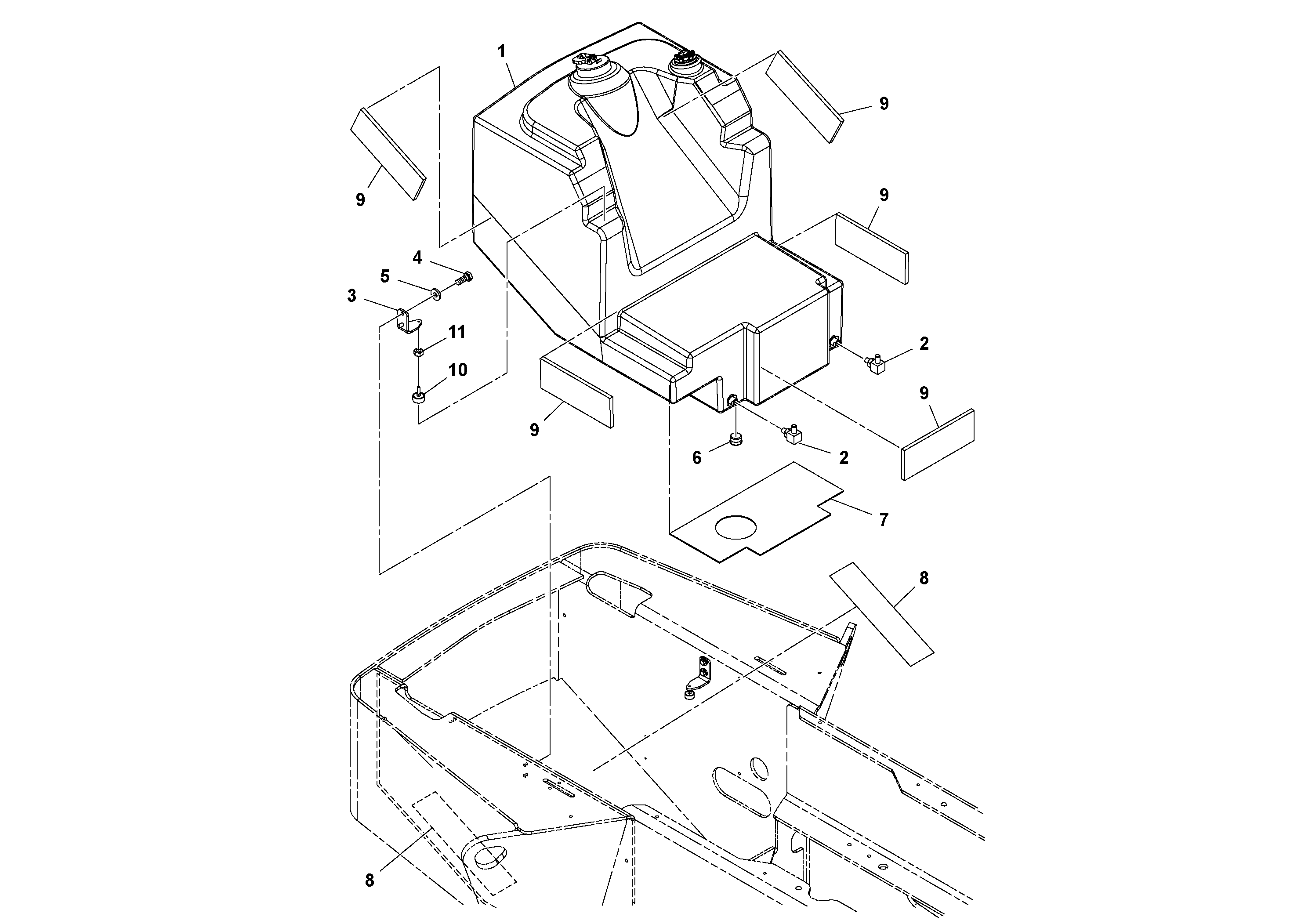 Схема запчастей Volvo SD160DX/SD190/SD200 S/N 197386 - - 92454 Fuel Tank Installation 