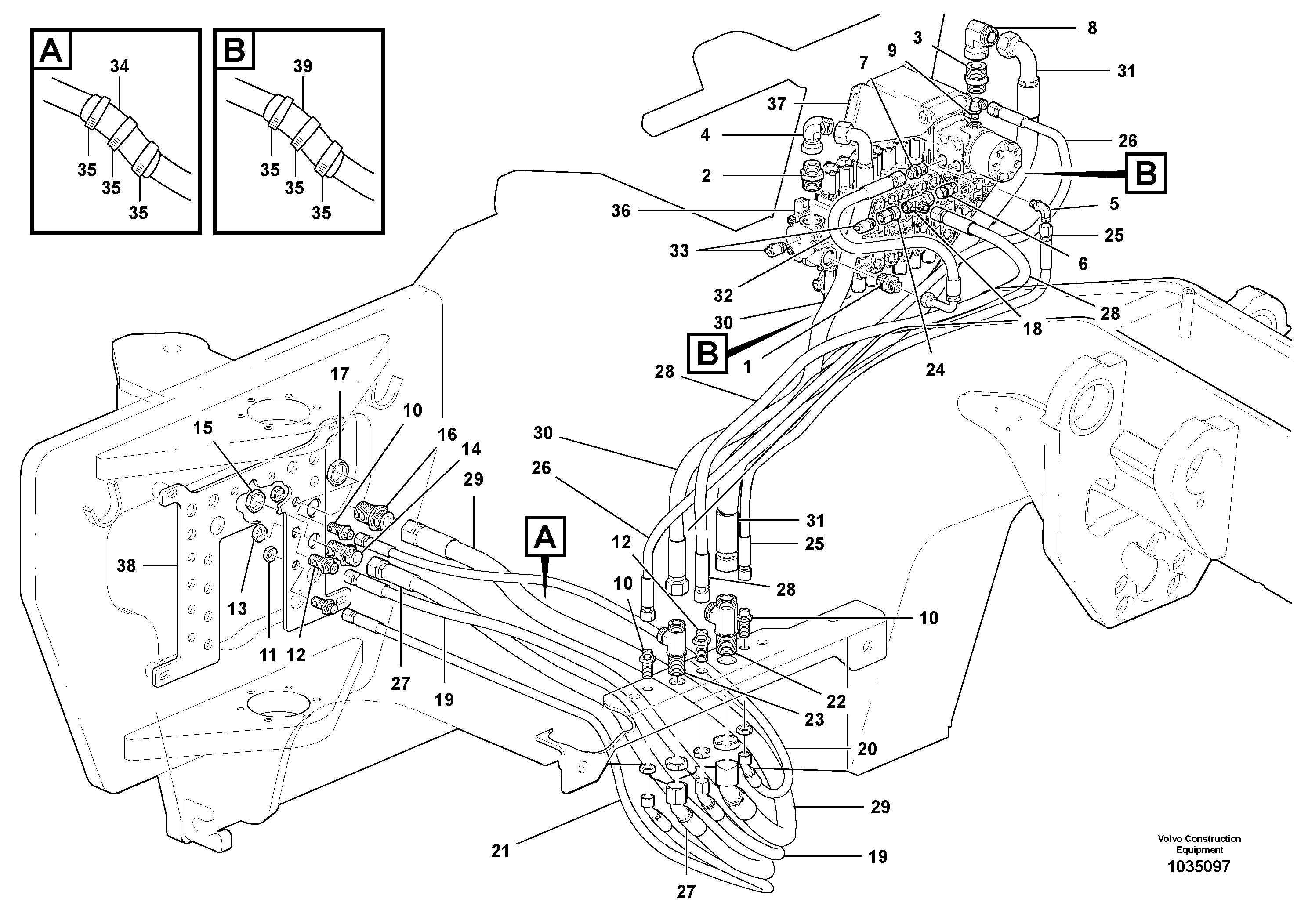 Схема запчастей Volvo G900 MODELS S/N 39300 - - 90674 Steering and implement pump - front circuit 